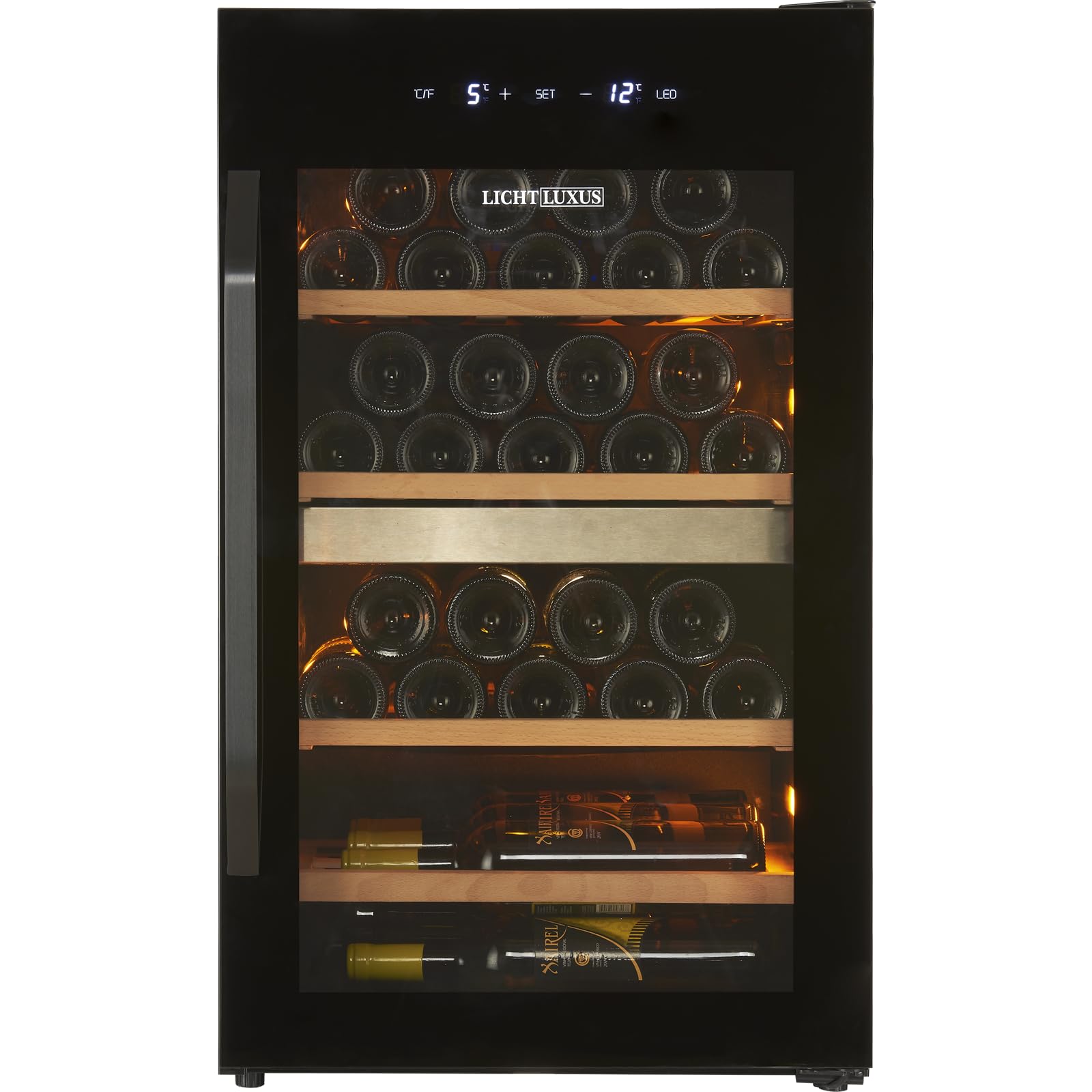 Weinkühlschrank 2 Zonen für 35 Flaschen – Freistehender Weintemperierschrank mit 3-fach UV-Glastür & Holzablagen (5-20°C) – Getränkekühlschrank für Wohnzimmer & Küche (50cm Breit)