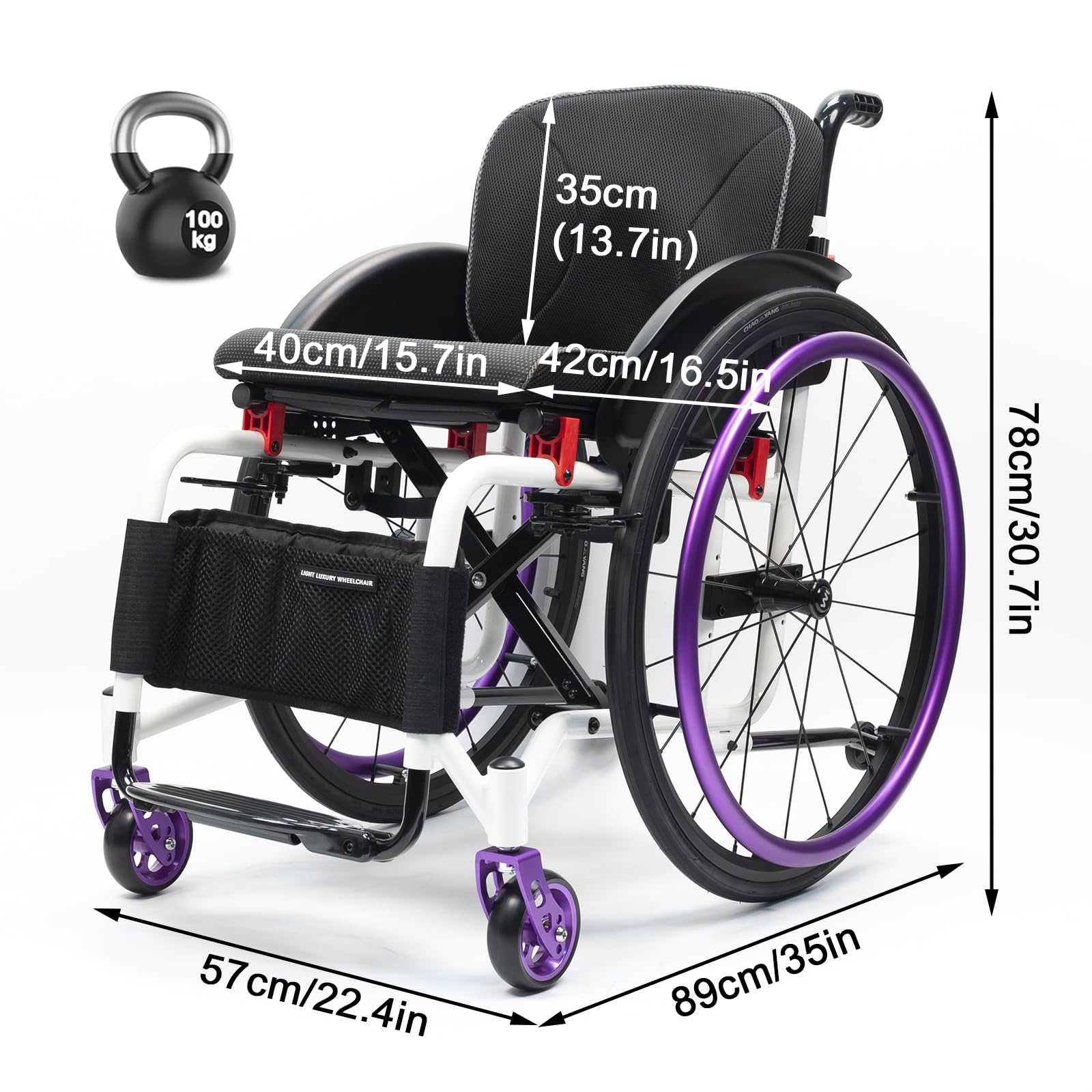 Rotelle Pieghevole, Sedia a Rotelle Leggera Sportiva, Sedia a rotelle Manuale semovente,Sedia a rotelle in Lega di Alluminio,Ruote Estraibili con Un Solo Pulsante(Seat Width 40cm/15.7in,B)