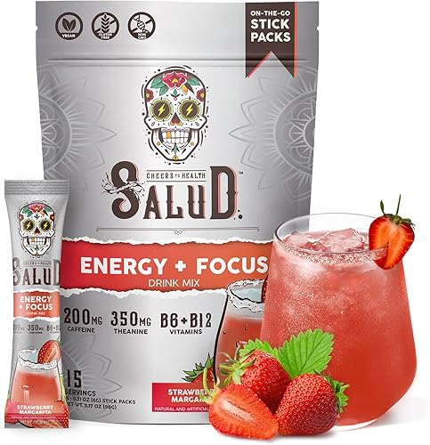 Salud - Bebida en polvo 2 en 1 Energy and Focus, Margarita de fresa, 15 porciones, cafeína orgánica, B6 + B12, teanina, mezcla de agua fresca de