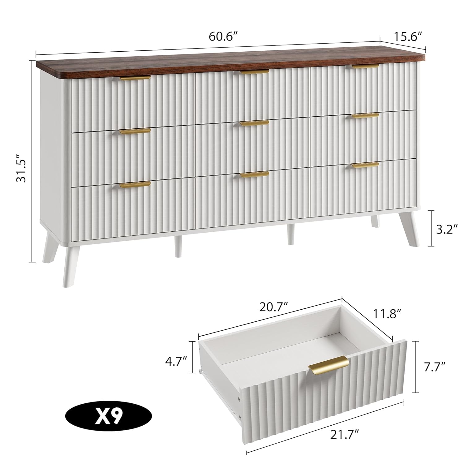 Garvee 9 Drawers Dresser for Bedroom, 60.6" Wide Dressers with Curved Profile Design, Fluted Wood Drawers with Gold Handle, Modern Chest of Dressers with Thickened Design for Living Room, White