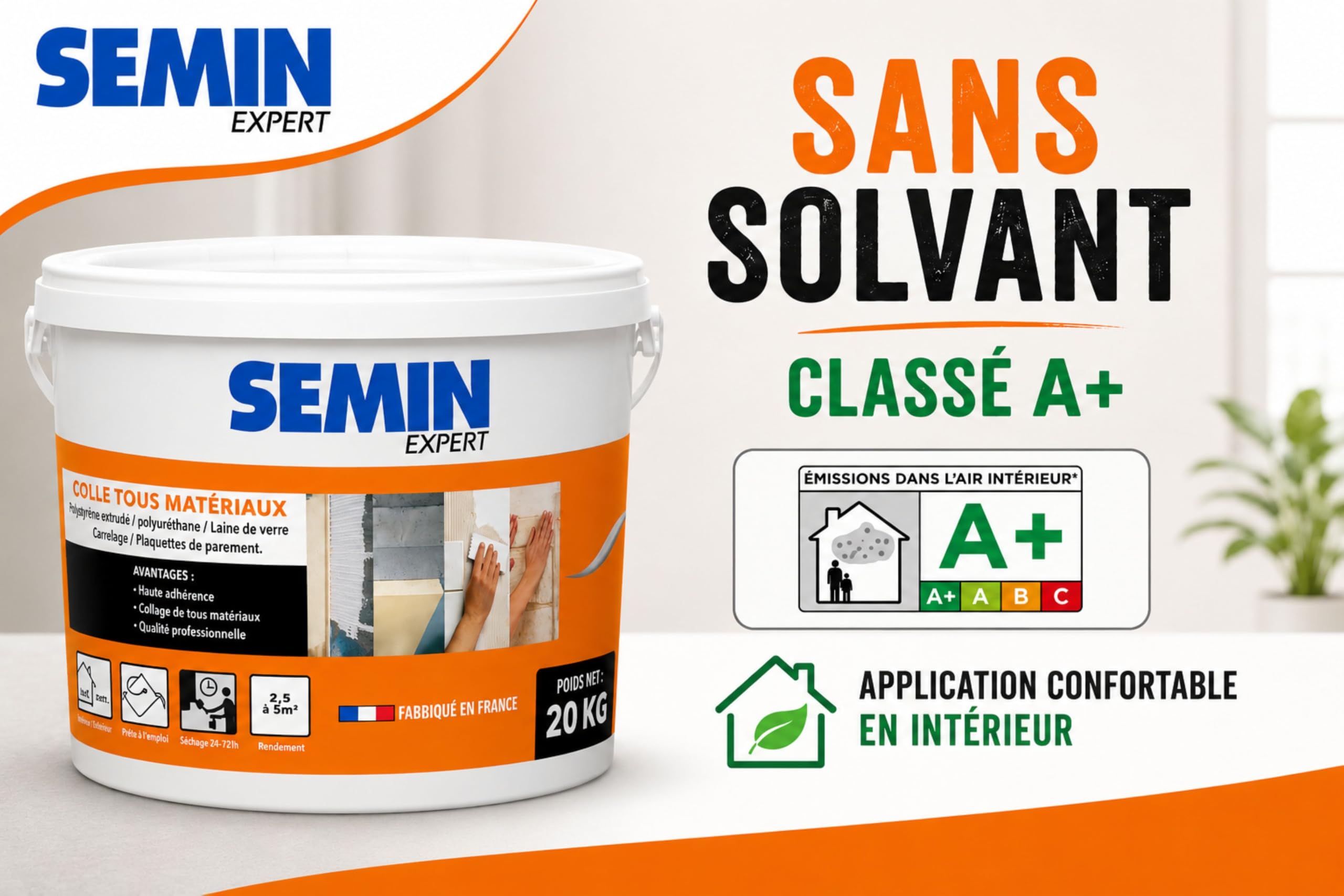 SEMIN Colle Tout Matériaux – 2 X 20 kg – Haute Adhérence Sans Solvant – Prête à l'Emploi – Intérieur/Extérieur – Polystyrène, Liège, Laine de Verre, Carrelage et Plaquettes de Parement