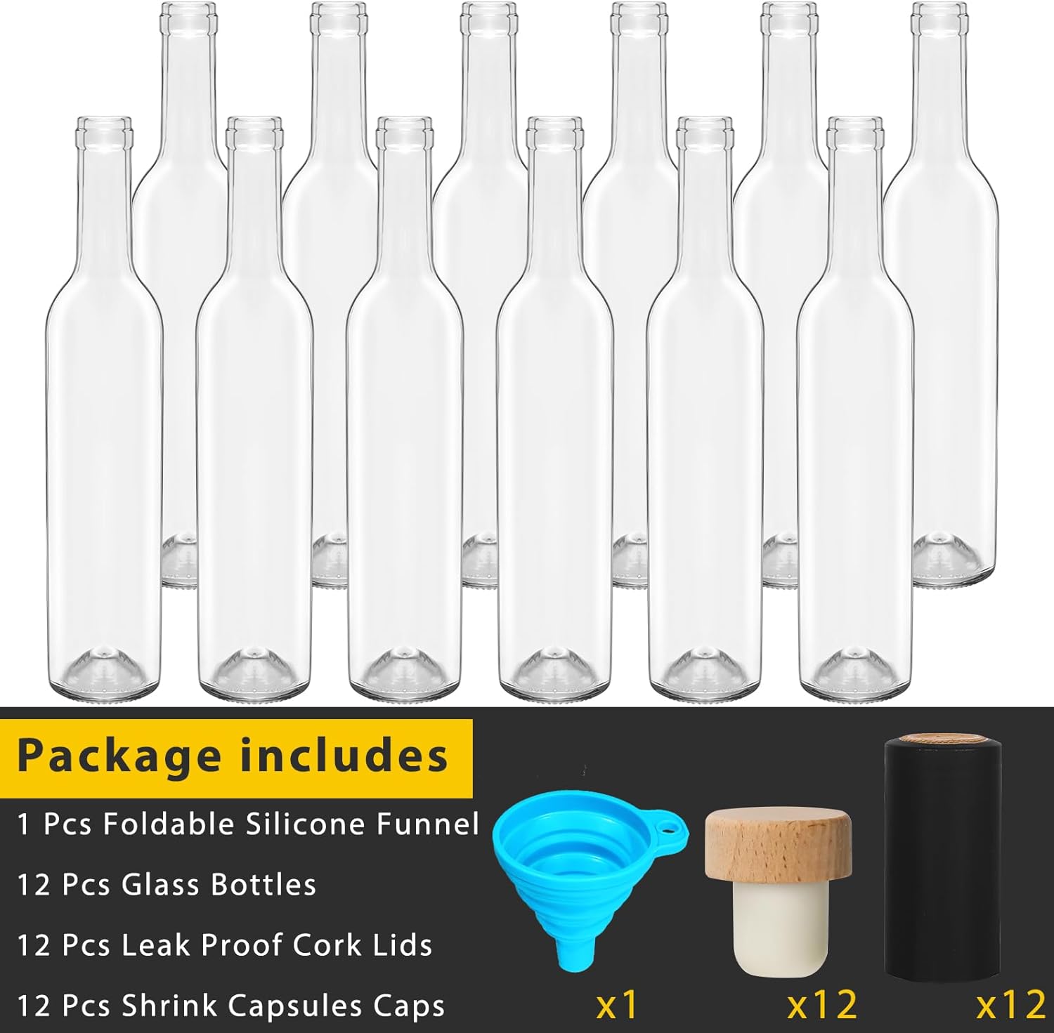 DHSBTLS 12 Pack 500 ml/16 oz Clear Glass Bottles With Wooden Cork Lids & Seal Shrink Capsules Caps, Home Brewing & Juicing Bottles For Bordeaux Wine, Beverage, Sparkling Wine, Kefir, Decor