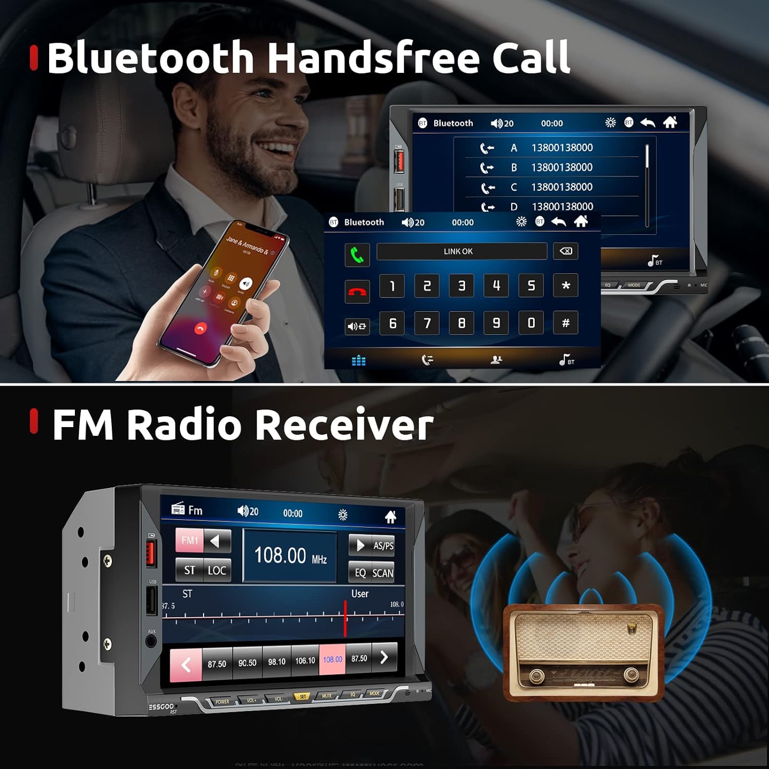 Bluetooth handsfree call interface and FM radio interface.