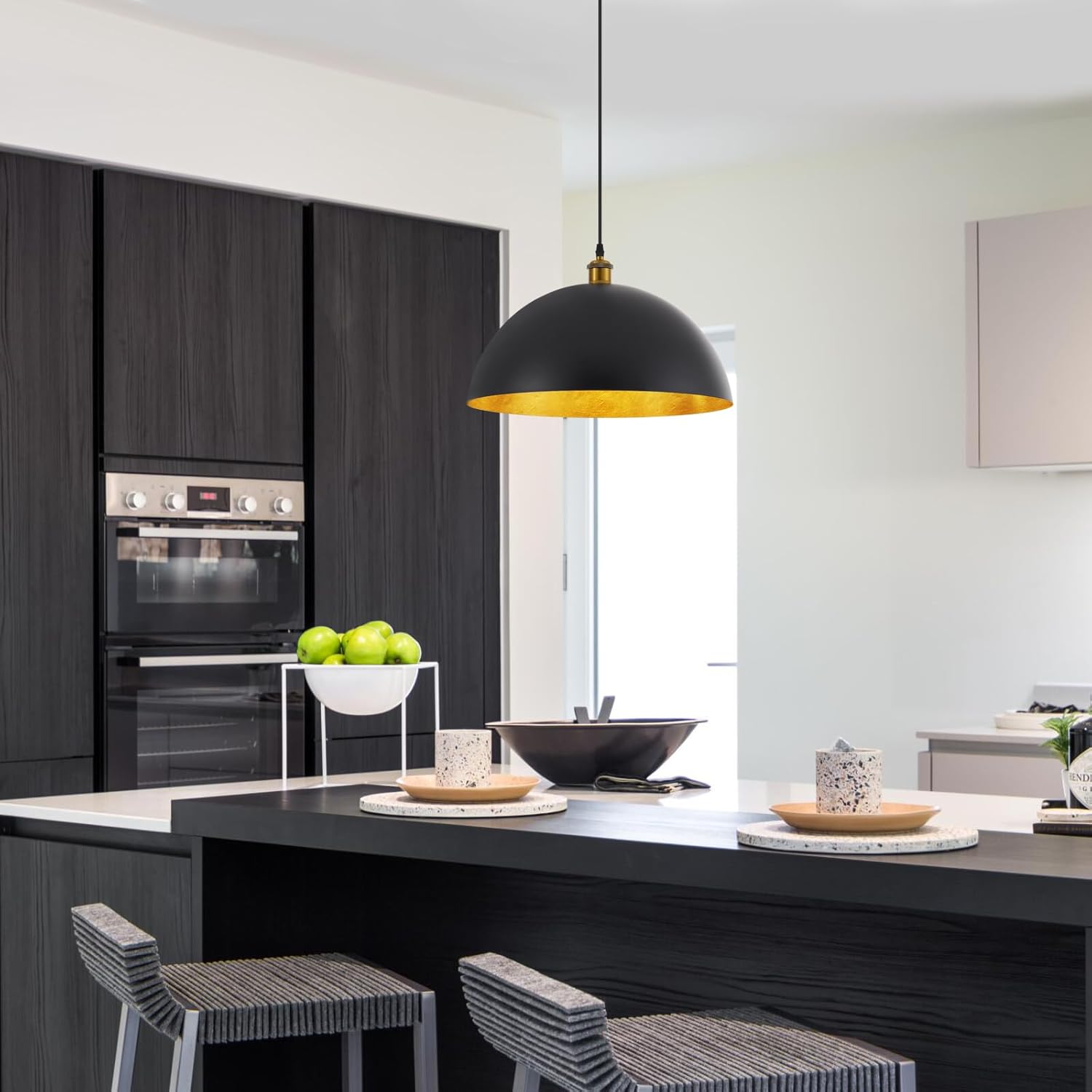 18” Large Industrial Pendant Light with Gold Leaf Shade Adjustable Dome Pendant Lighting Fixtures Modern Chandelier for Dining Room Kitchen Island Living Room, Matte Black, UL Listed