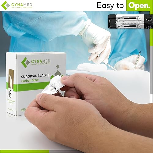 Vista 51 de Cynamed Caja de 100 cuchillas estériles de bisturí de acero al carbono envueltas individualmente en papel de aluminio