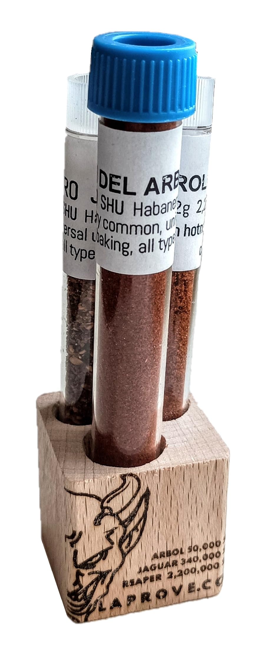 Jaguar, Carolina Reaper y Arbol chile en un cubo tribox de haya con lados redondeados con 3 ampollas de 6gx2g+2g.