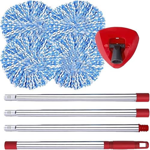 Cabezal de repuesto para trapeador giratorio, base, mango compatible con O Cedar EasyWring RinseClean, 4 repuestos de fregona de microfibra, 1 base