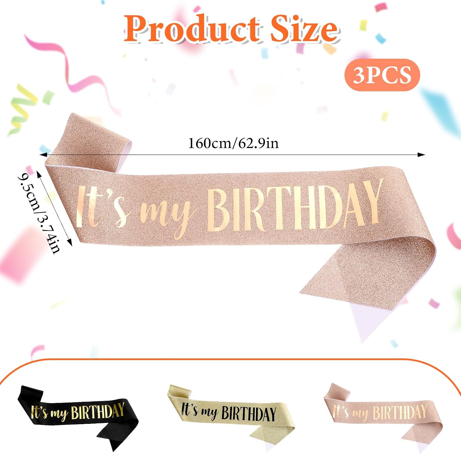 Andibro 3 Pack Glitter It's My Birthday Sash for Women Adult, Happy Birthday Sash for Adults Cheers to Birthday Party Decorations Accessories Gifts with Safety Pins