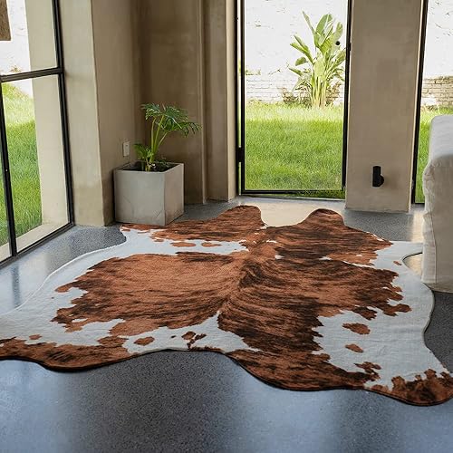 Miniatura 2 de rugoo Alfombra de piel de vaca de 6.3 x 7.9 pies, alfombra de piel sintética tricolor, alfombra de piel sintética con estampado de vaca, alfombra de