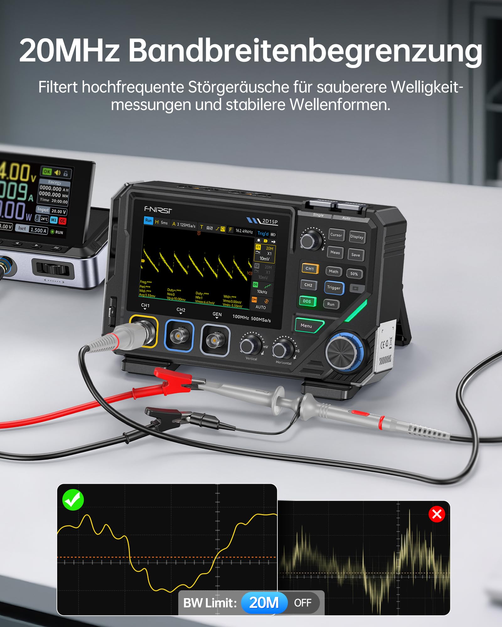 FNIRSI 2D15P 100MHz Digitales Oszilloskop Multimeter DDS-Signalgenerator 3 in 1, 2CH Oszilloskop Multimeter für die Automobilindustrie 19.999 TRMS-Zählwerte, 500MS/s Abtastrate, 4,3 Zoll Touchscreen