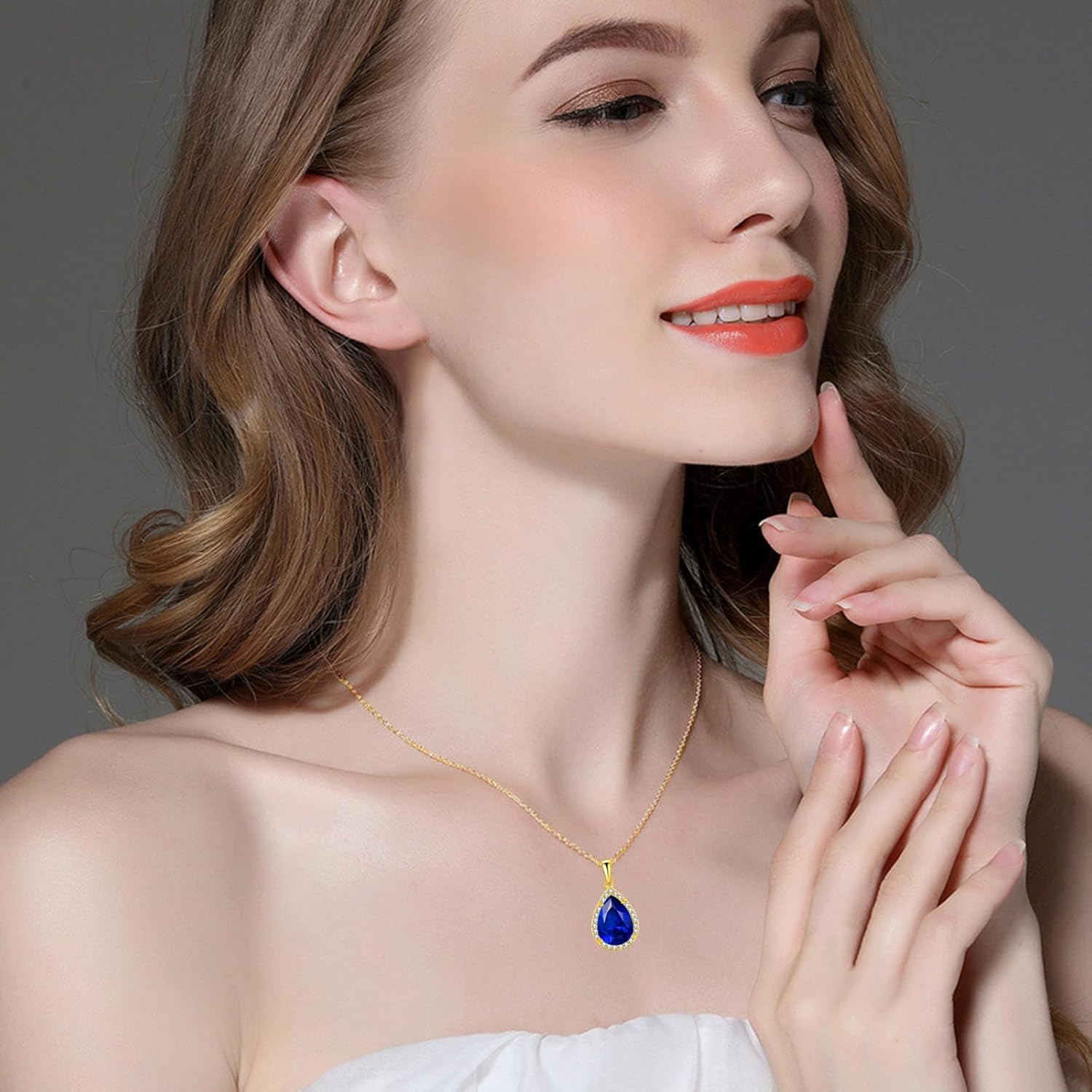 VONSSY Classic Oval Pendant Gemstone Necklace | Crystal Ruby Sapphire Waterdrop Birthstone Teardrop Emerald Necklace | 18K Platinum Gold Plated Chain | Jewelry Gift for Mother Wife Girlfriend - Image 2