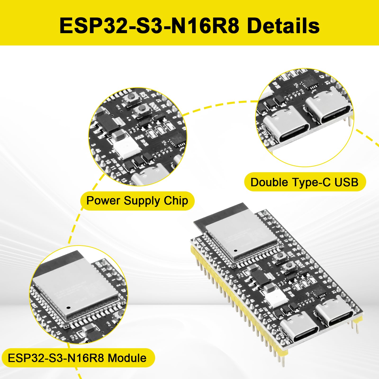 RUIZHI con ESP32 S3 ESP32-S3 DevKitC-1-N16R8 Scheda di sviluppo con Doppia interfaccia Type-C e 2,4-GHz WLAN Bluetooth 5.0 Saldatura Compatibile con Arduino(3 Piezas)