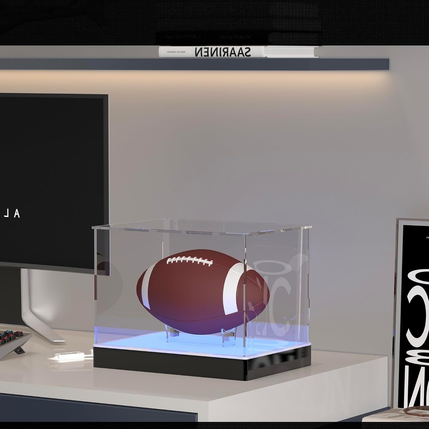 Acrylic Display Case with Ball Stand and USB RGB Lights, Light Up Acrylic Display Box with Controller APP Music Sync for Full-Size Rubby Ball and Soccer, 12’’(L) x8’’(W) x8’’(H’’)
