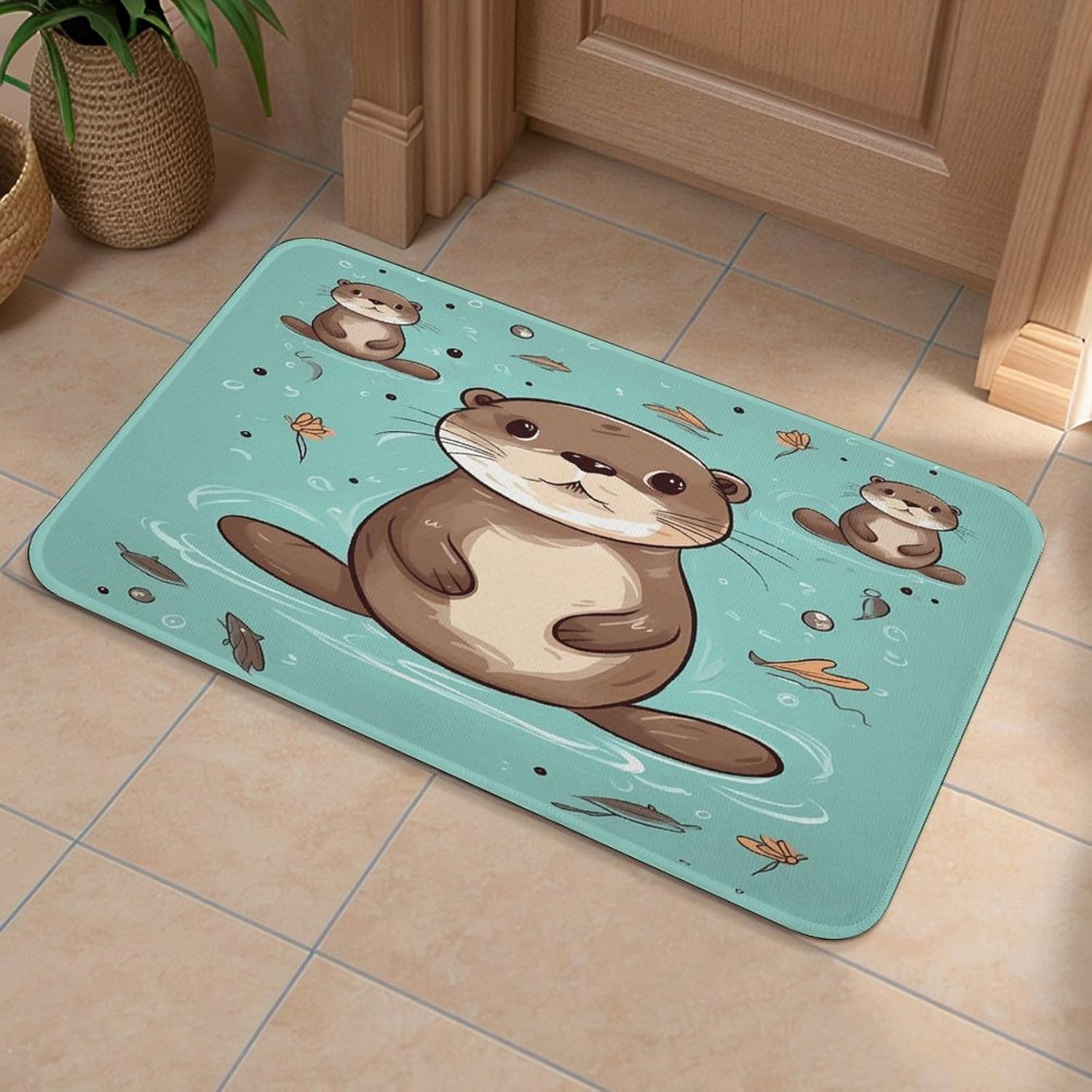 Cartoon Cute Otter Front Door Mat for Home Decor Outdoor Indoor Entrance Door Mat Non-Slip Outside Doormat Washable Kitchen Rug Crystal Velvet Welcome Mats Soft Small Area Rug