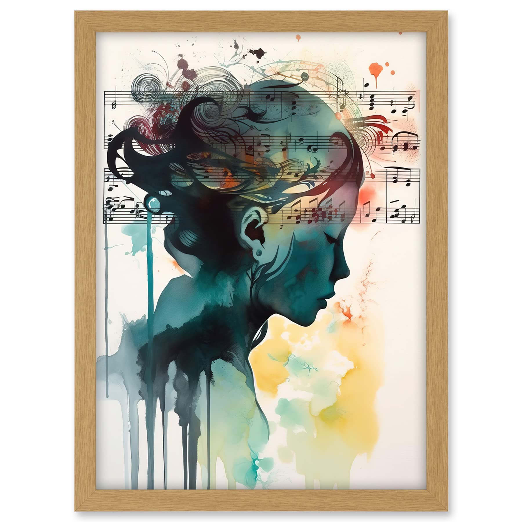 Artery8 Music on my Mind Singing in my Head Modern Portrait Watercolour Illustration Artwork Framed A3 Wall Art Print