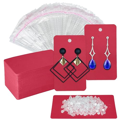 Twavang Earring Card Holder Set, 100Pcs Kraft Paper Earring Display Cards, 100 Pairs Clear Earring Backs with 100Pcs Self Adhesive Bags for Earrings Jewelry Display (Red, 3.5" x 2")