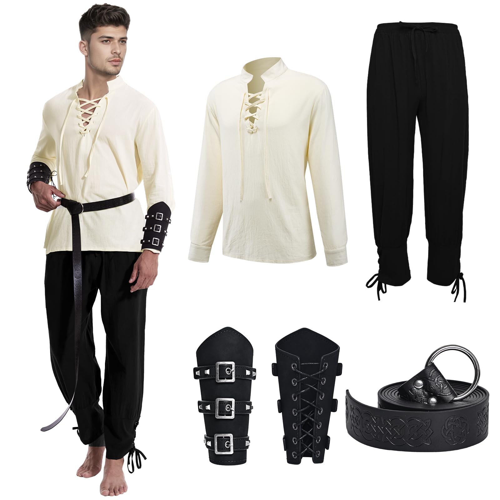 Conjunto de disfraz de vikingo medieval para hombre, camisa pirata renacentista, pantalones con protectores de brazos y cinturón para Halloween y carnaval