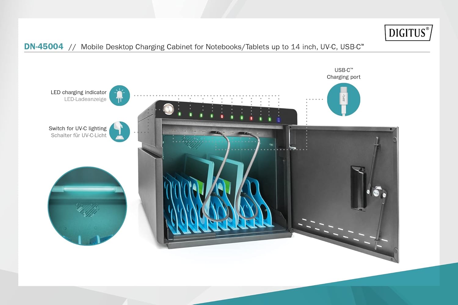 Front view of the Digitus DN-45004 charging cabinet with labels for LED charging indicator, UV-C lighting switch, and USB-C charging port.