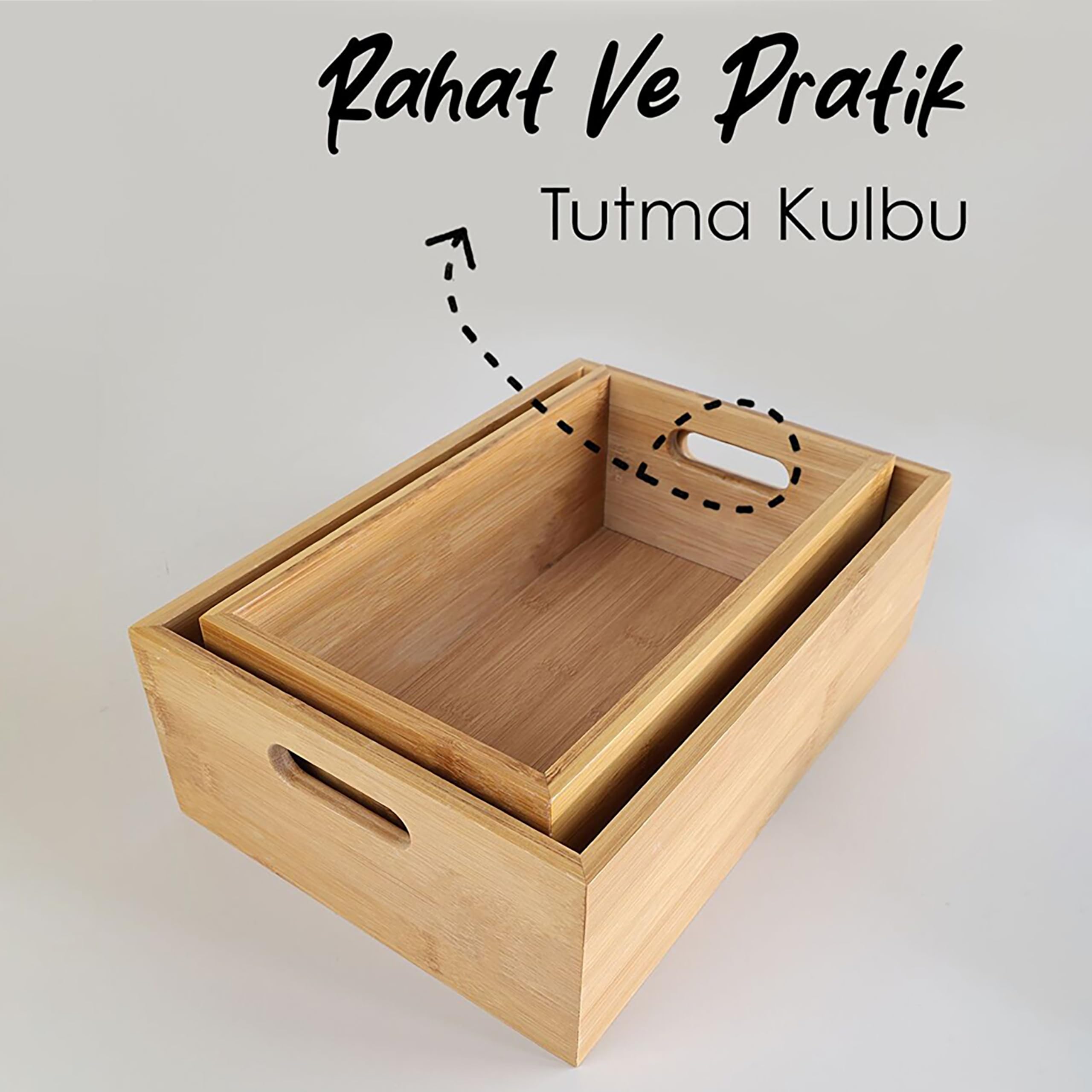 Promosyonca Bambu Organizer Kutusu 2'li Set, Doğal Bambu Saklama Kutuları, Tutma Kulplu, Çok Amaçlı Düzenleyici, 31x21.5x10.5 cm ve 28x16.5x10.5 cm