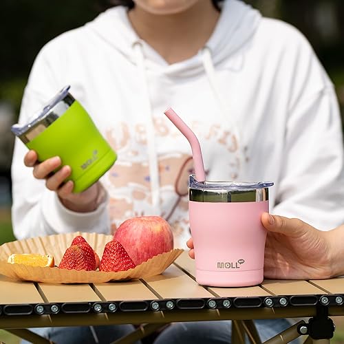Miniatura 8 de Vaso para niños con pajita, vaso de acero inoxidable de doble pared aislada al vacío con tapa a prueba de fugas, sin sudor (rosa)