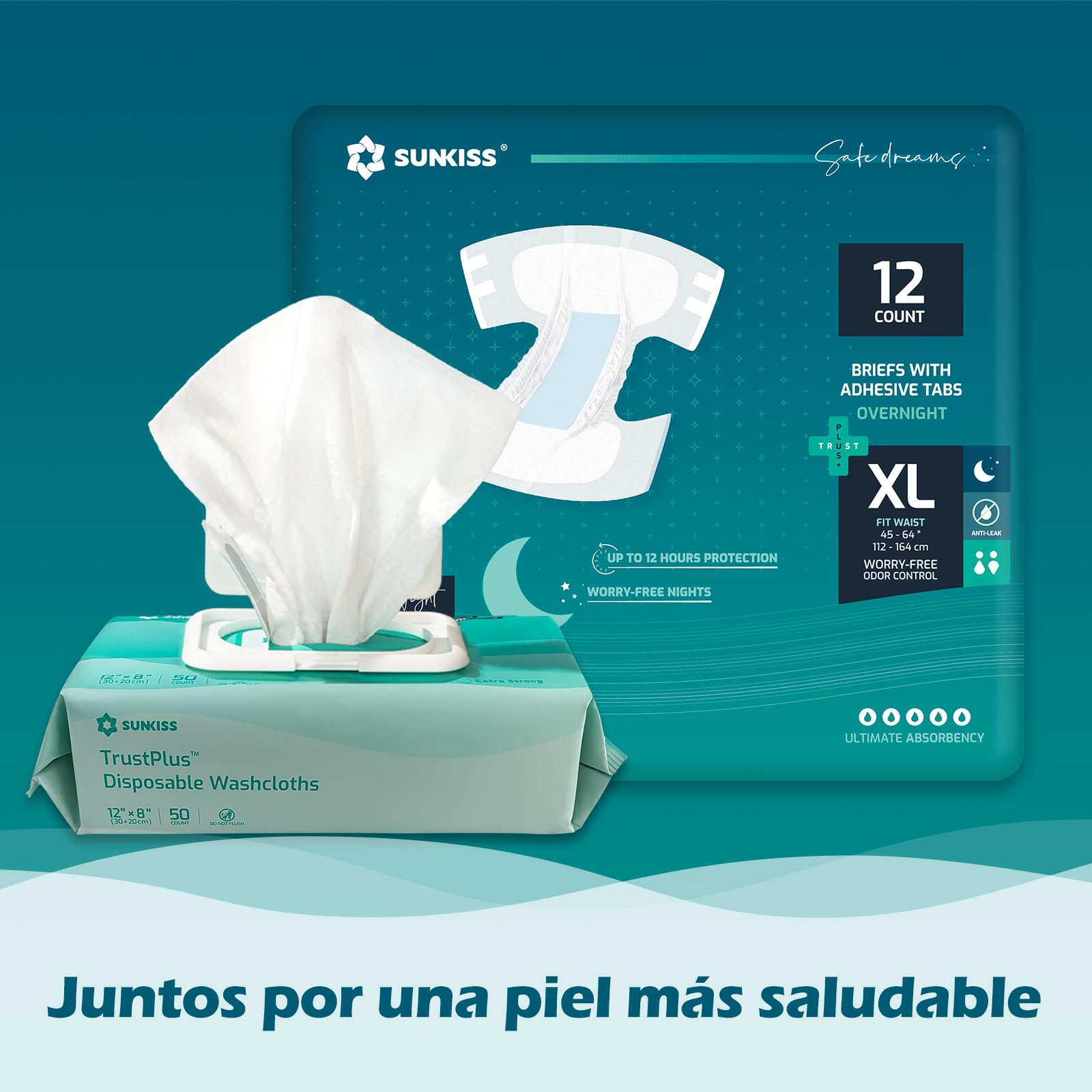 SUNKISS TrustPlus Pañales para Adultos Durante la Noche con Máxima Absorción, Bragas Absorbentes Unisex para Incontinencia, Mujeres y Hombres, Control de Olores, Talla XL, 12 Unidades