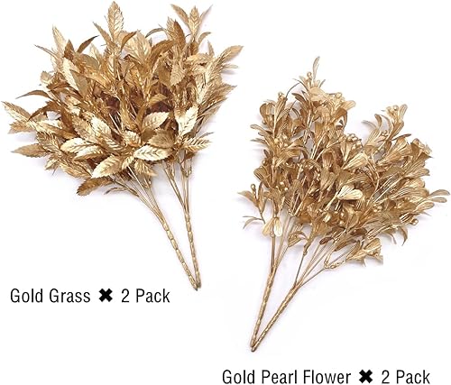 Miniatura 3 de Plantas falsas ramo dorado adornos de Navidad, flores artificiales de PASYOU arbustos de plástico, hojas de hierba, interiores y exteriores, hogar,
