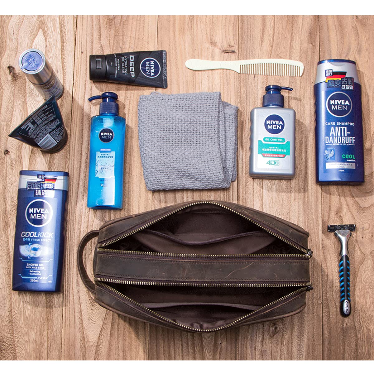 Contactos Hombre Bolsa de Aseo de Negocios de Viaje de Cuero de Vaca con Gran Capacidad Doble Cremallera, 5#café, Taille Unique, Bolsa de Aseo