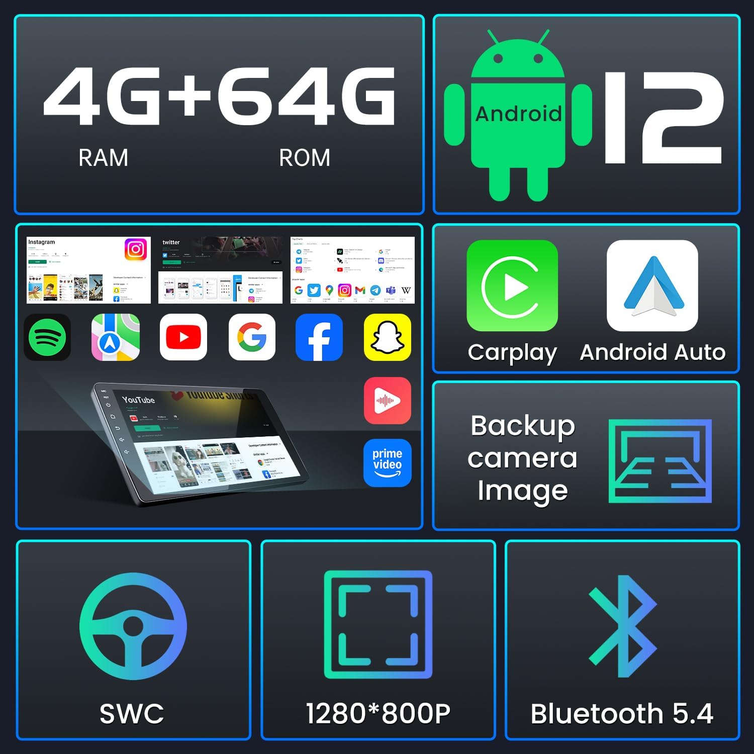 [4+64G] for Honda Civic Radio 2006-2011: 10.1" Touchscreen Stereo with Wireless Carplay Android Auto 5G WiFi GPS Navigation Bluetooth FM RDS 32EQ SWC, Free Camera