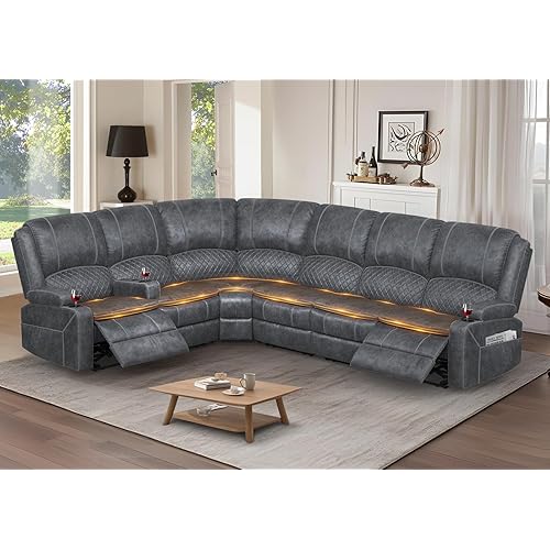 Manual Reclining Sectional Sofa Set, 6 Seats Soft Dutch Velvet Recliner Corner Sectional Couch, Family-Sized L-Shaped Recliner Couch with USB Charging, Thickened Padding, Sturdy Frame, Grey