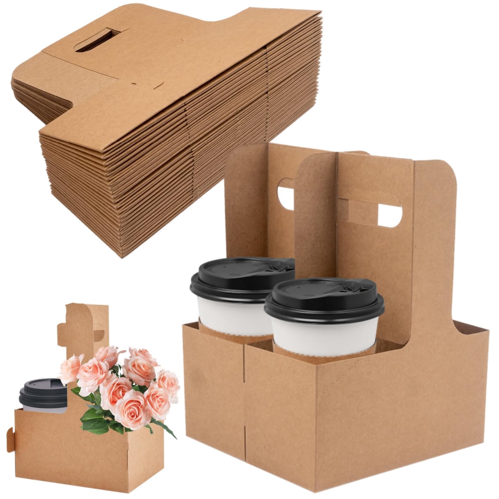 Lot de 100 Porte-Gobelets en Carton Kraft avec Poignée, 2 à 4 Boissons | Pour Gobelets 350 à 900 ml, Stables et Résistants pour Café à Emporter, Livraison et Boissons Chaudes ou Froides