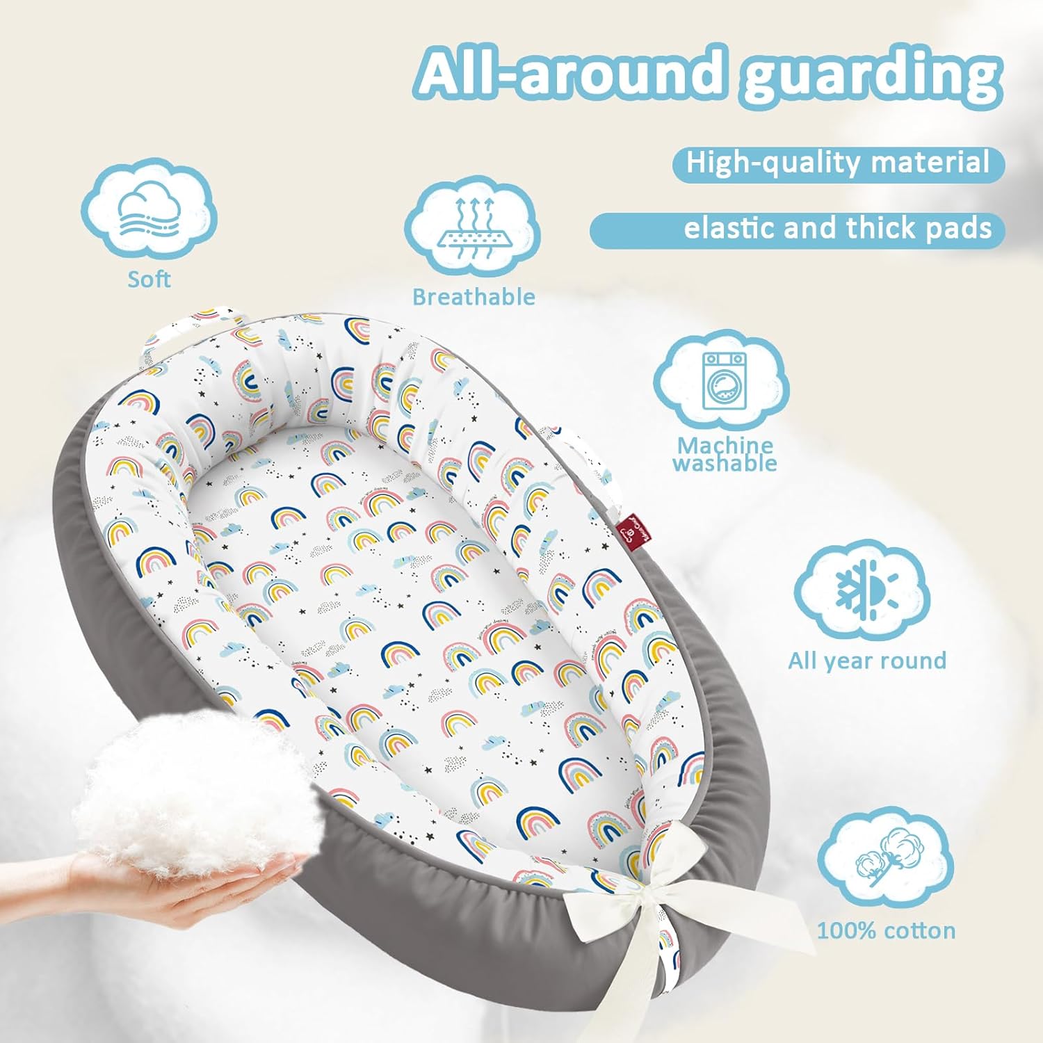 Baby Lounger - 100% Cotton Baby Lounger for Newborn with Lounger Cover, Portable Baby Nest for Home and Travel, Waterproof Lining, Newborn Babies Essentials Gifts
