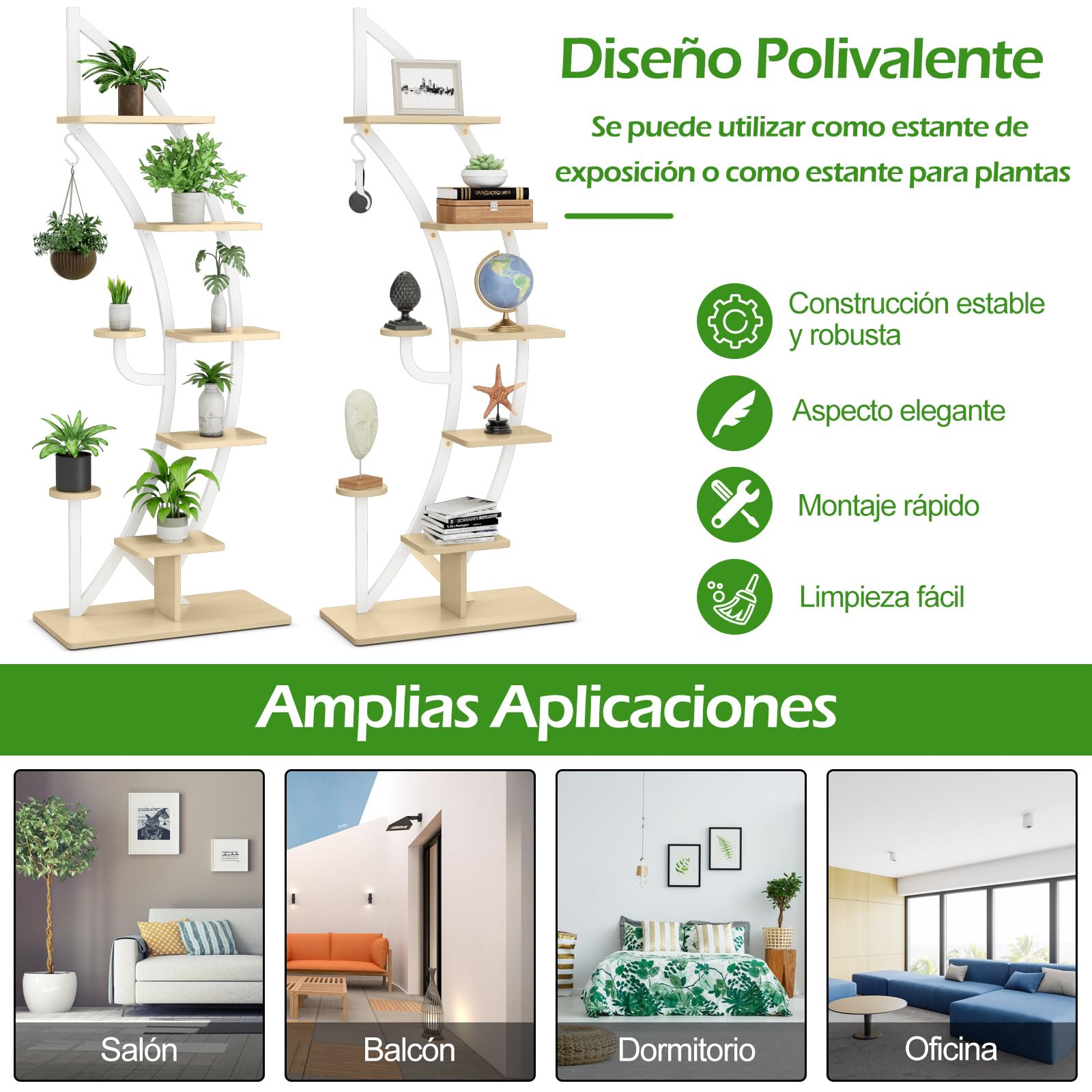 COSTWAY Soporte para Plantas Esquinero de 7 Niveles, Estantería Metálica para Plantas Interior, Forma de Luna con Gancho Superior, Soporte Alto para Macetas, Patio, Jardín, 60x30x155 cm (Blanco,1)