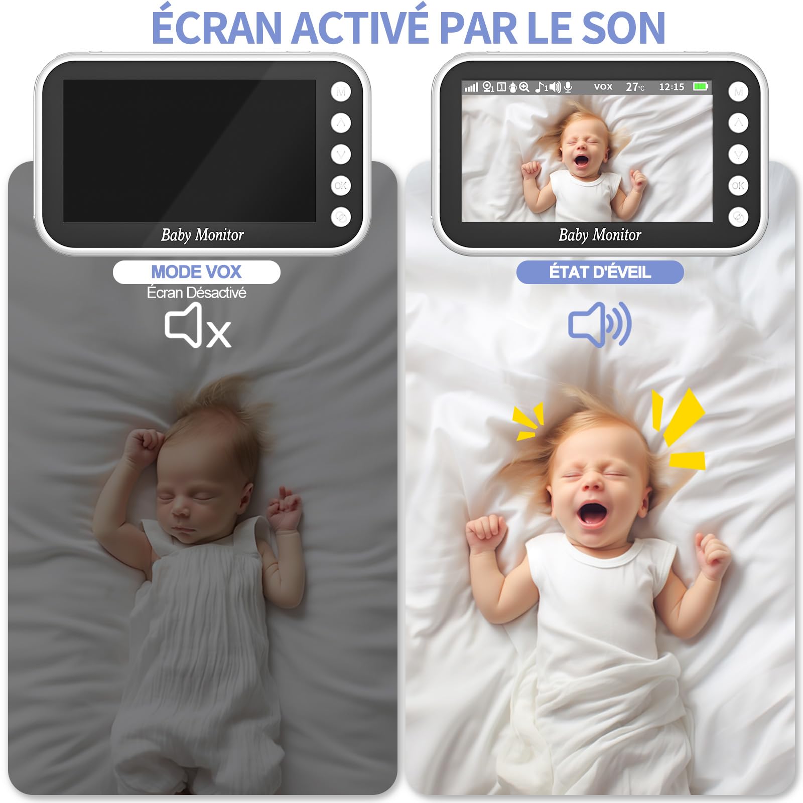 OBVHNUA Babyphone Camera 4,3" 720P Baby Phone Vidéo Moniteur Bébé Zoom Enregistrement sur Carte SD Pan-Tilt VOX Vision Nocturne Audio Bidirectionnelle Capteur de Température 8 Berceuses 5 Réveil