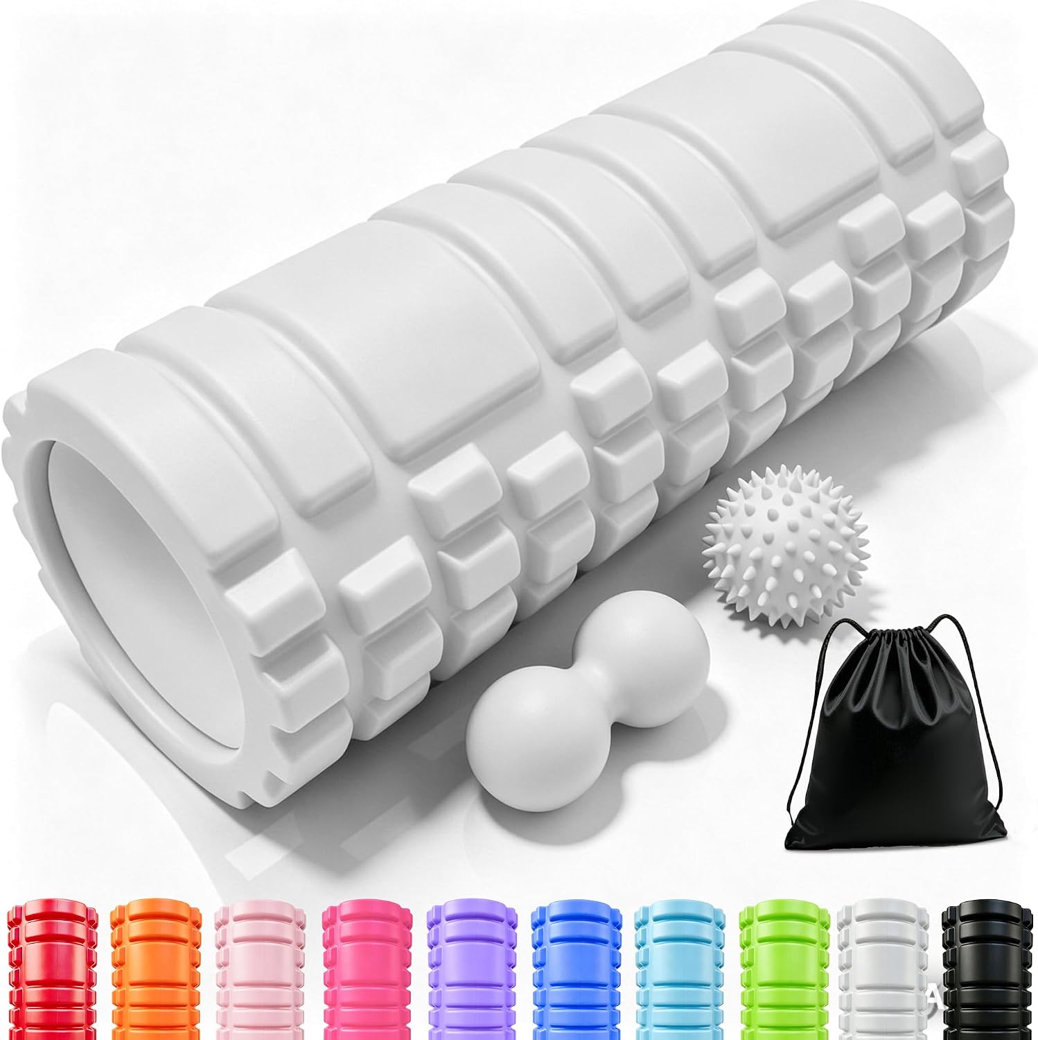 Foam Roller 4in1 Set Includes Hollow Core Massage Roller,Peanut Ball,Spiky Ball,Storage Bag,for Deep Tissue Massage, Pain Relief of Back, Legs, Exercise(OVTSPO 4 in 1) (Gray)
