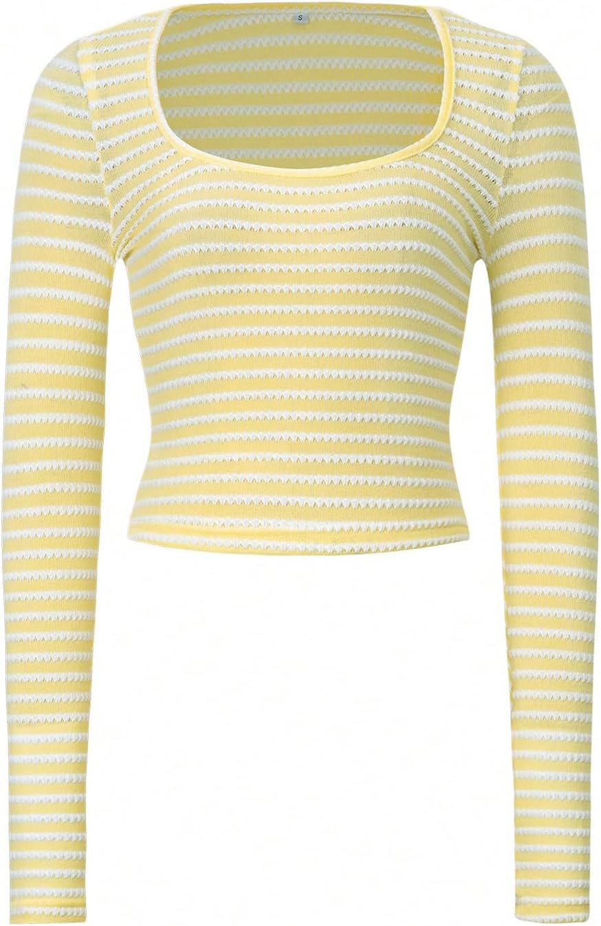 Women's Striped Long Sleeve Crop Tops Scoop Neck Fitted Y2K Tee Shirts - Image 4