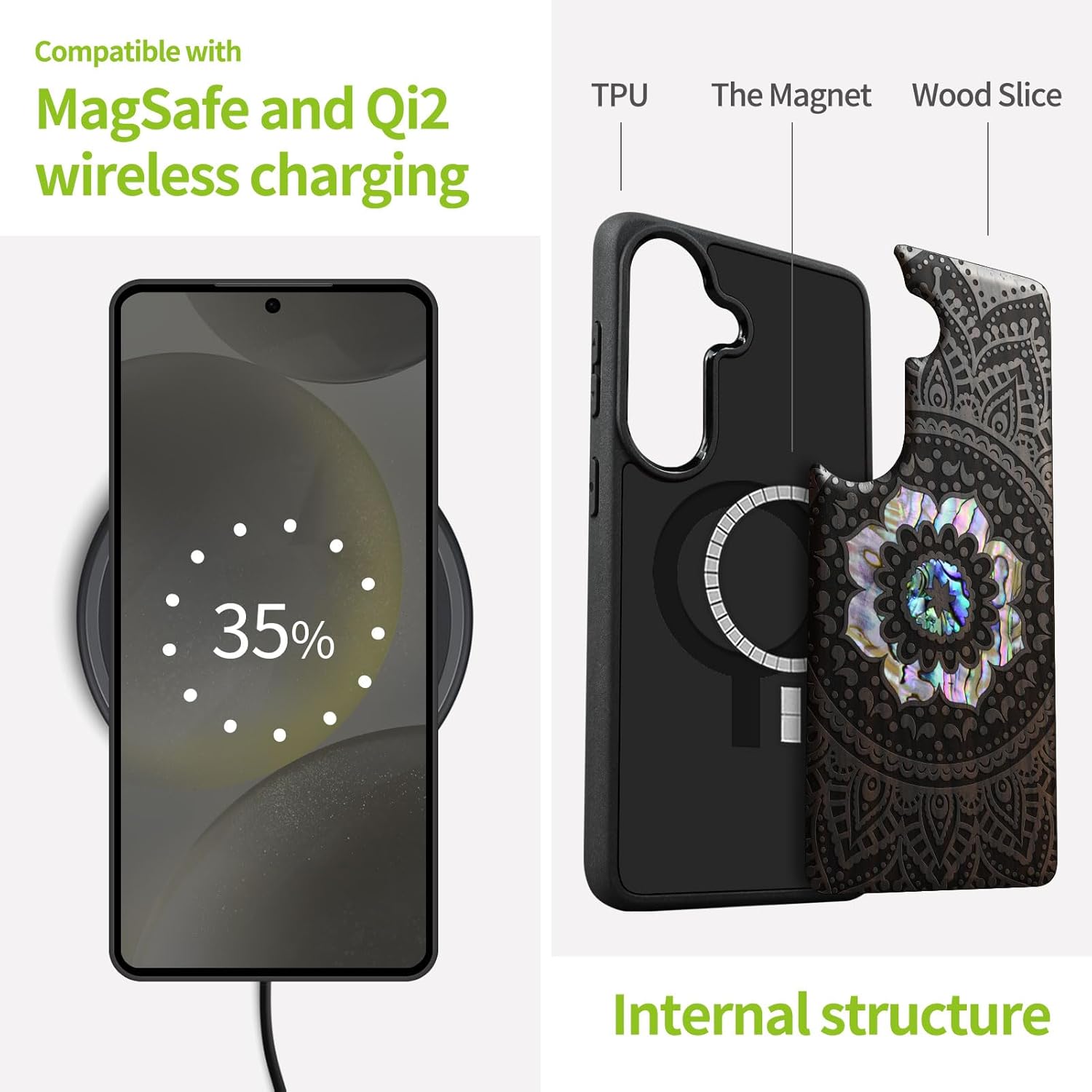 Carveit Magnetic Wooden Case for Samsung Galaxy S26 Case, Wood Artisan Engraved & Handmade Shell Inlaid, Compatible with MagSafe Wireless Chargers (Mandala Pattern) Blackwood