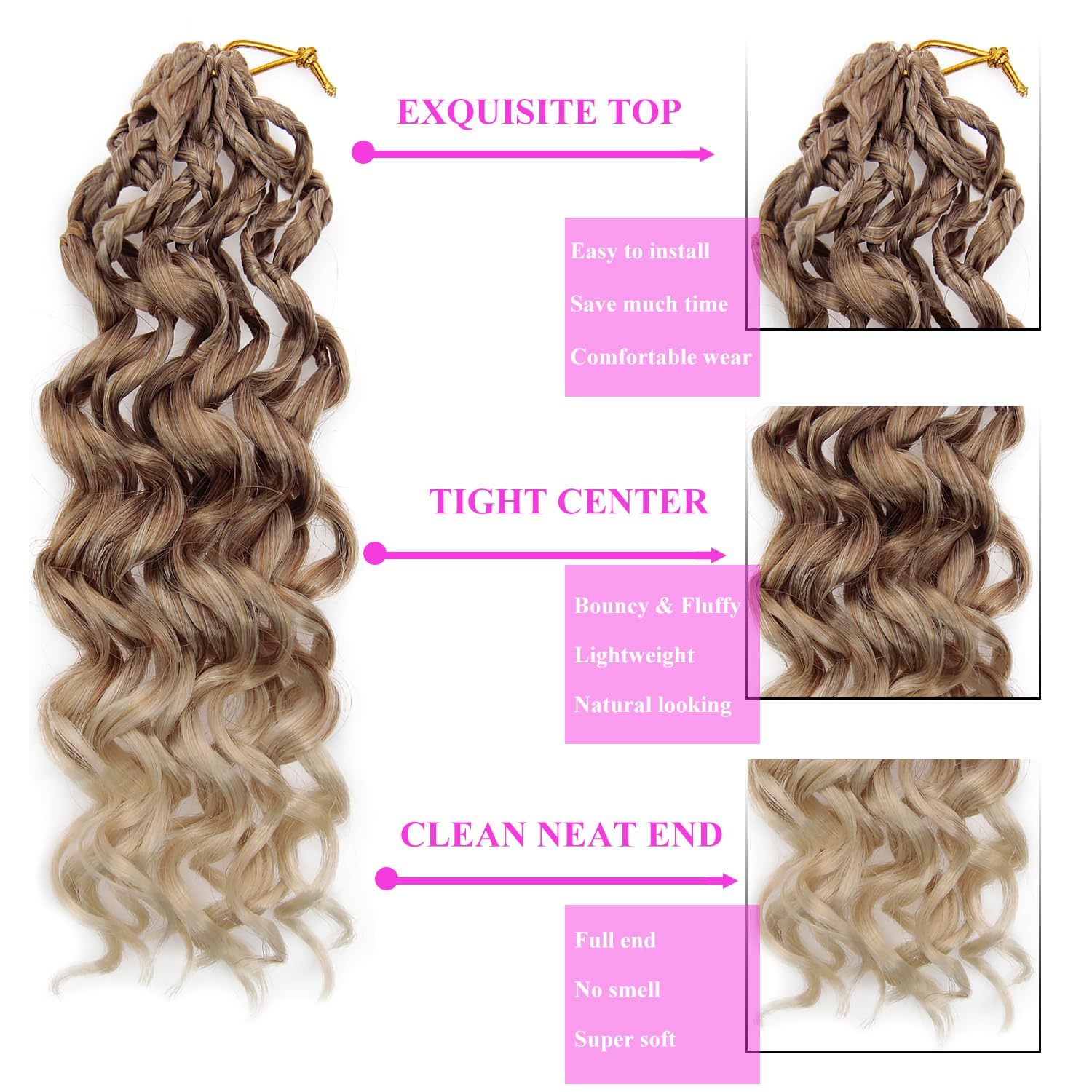Pre Looped GoGo Curl Crochet Hair, 18 Inch, 8 Packs, 27/613 | Curly Crochet Hair for Black Women, Prelooped Deep Wave, Synthetic Water Wave Braids, Bohemian Braiding Hair