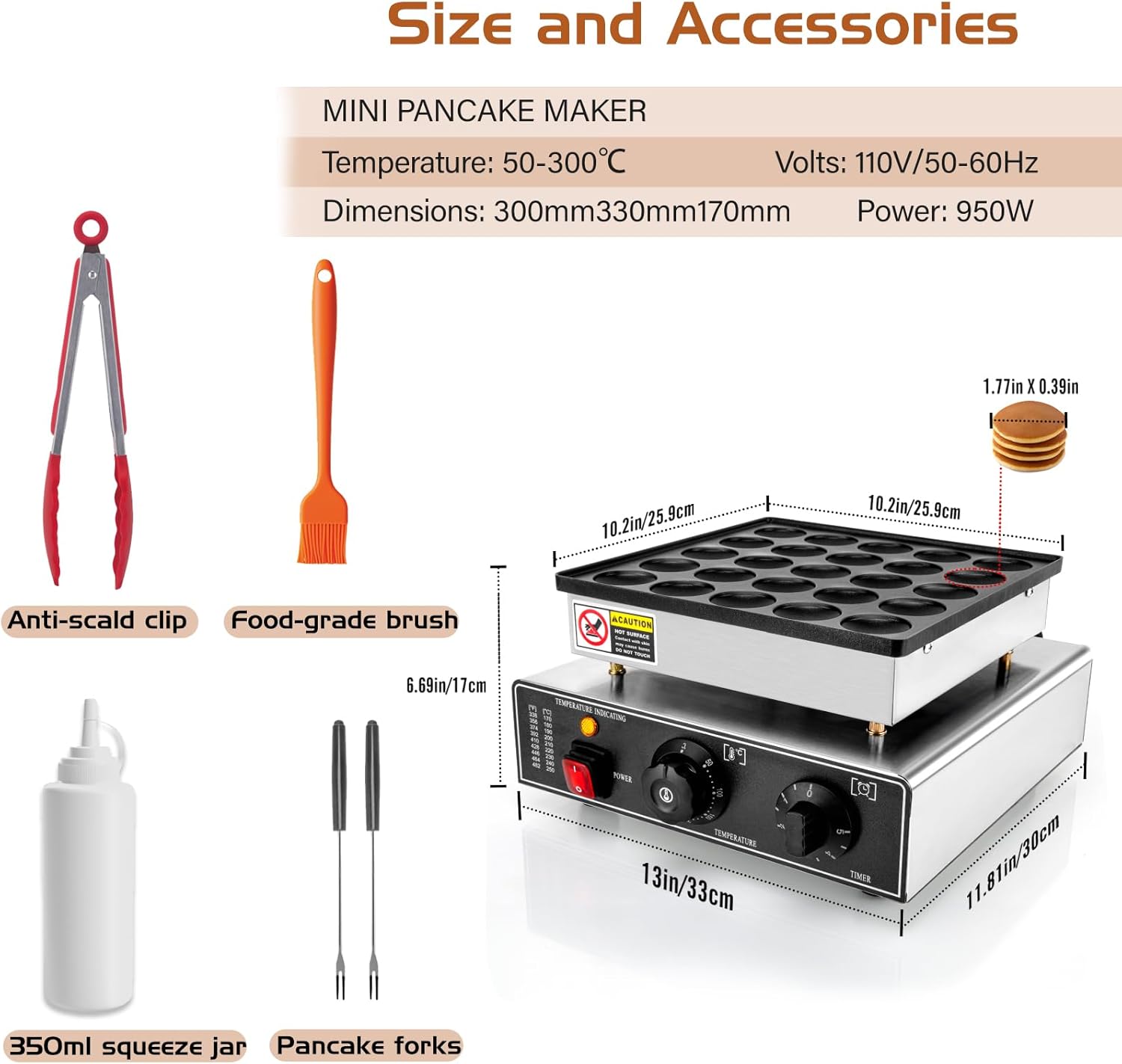 Mini Pancake Maker Machine, 25PCS Mini Dutch Pancake Baker Maker Commercial, Stainless Steel, Temp & Time Control, 110V 950W Commercial Pancake Maker with Accessories