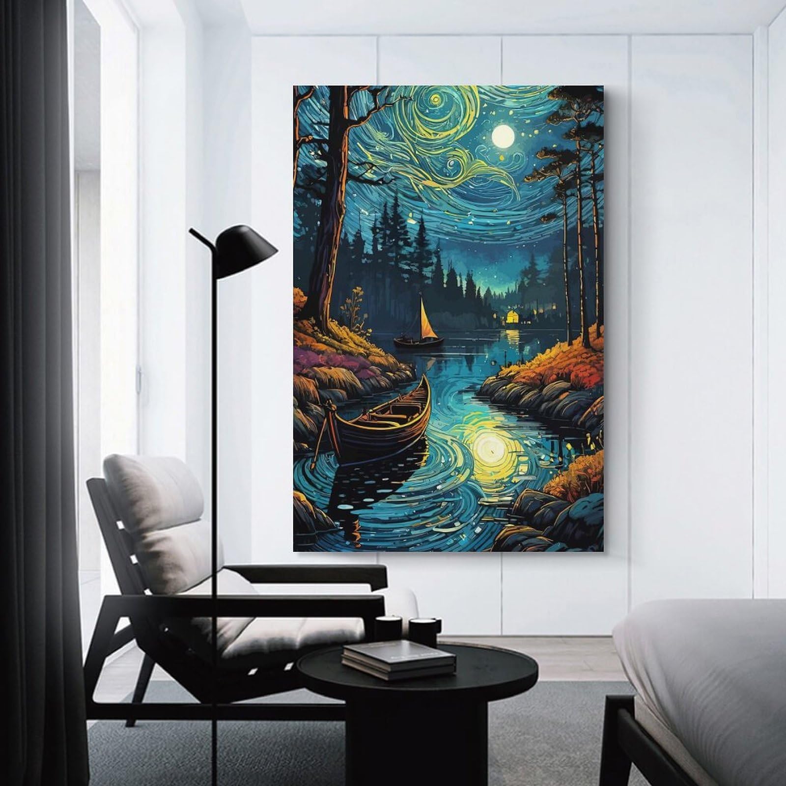 Junmoney Unframe-Style-11 Starry Night Lake Canvas Wall Picture, 20X30inch(50X75cm), For Study, Office Or Focused Interiors, Home Office Artwork With Decorative Appeal
