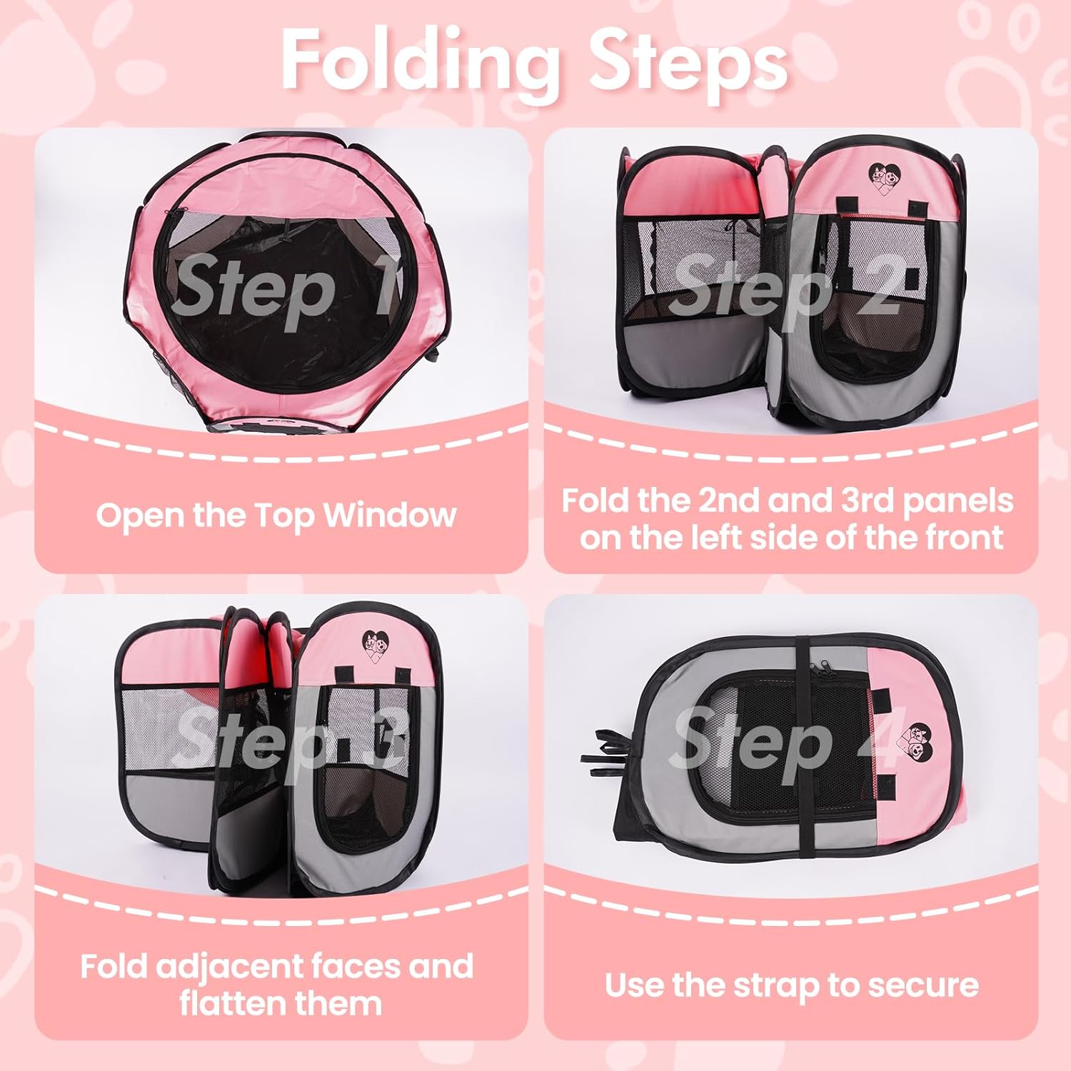 Dog Cat Playpen，Pet Cage - Indoor Outdoor, Portable Foldable Pop Up, Removable Zipper Top，Fits Dogs, Cats, Rabbits (Pink,M)