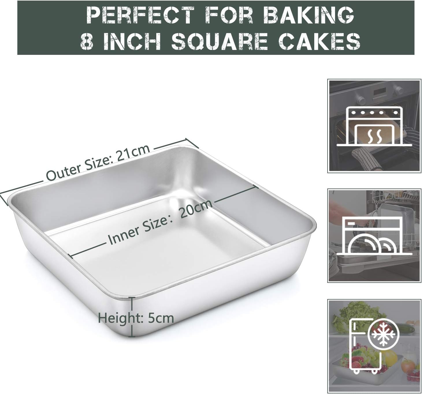 Homikit Cake Tin, 8Inch Square Cake Mould for Baking Roasting Stainless Steel Christmas Birthday Wedding Cake Pan Bakeware - Image 3
