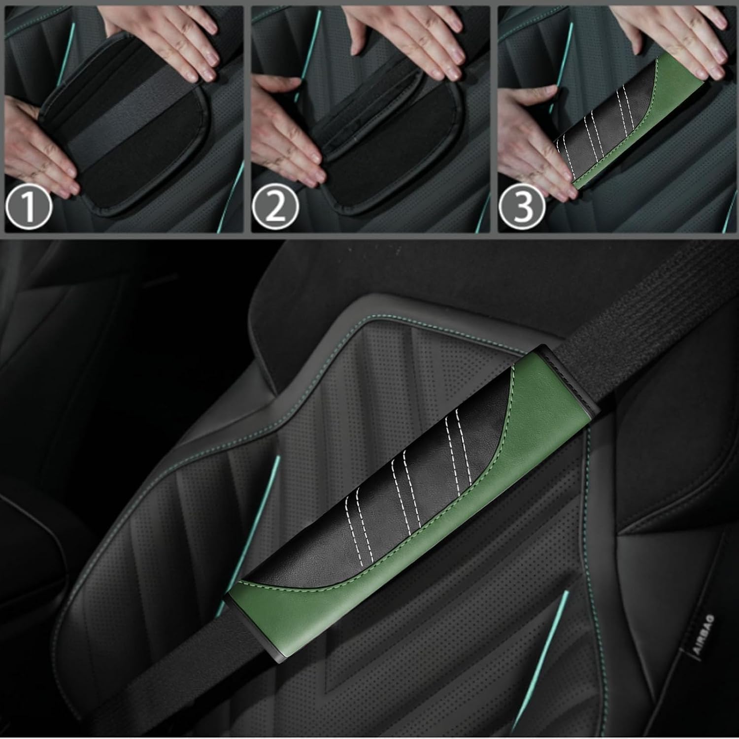 NBTEPEM 6 Pcs Green Car Accessories Set, Sport Leather Steering Wheel Cover 14.5-15inch Universal, Microfiber Leather Car Center Console Cover, Seat Belt Cushion, Cup Holder Coaster (Black-Green)