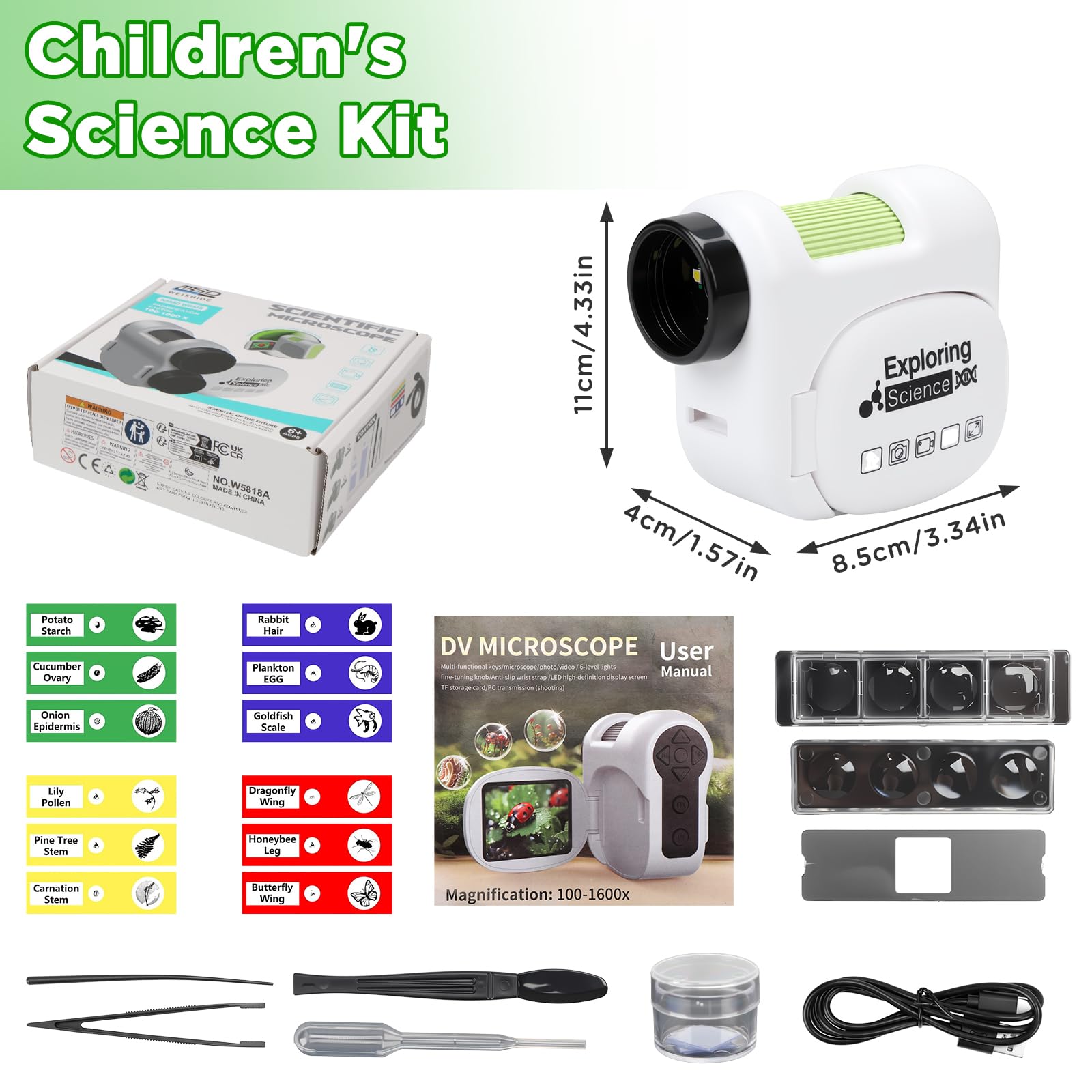 Mikroskop für Kinder mit 100–1600-fachem Zoom und LED, 3-in-1-Handmikroskop für Kinder, digitales Kindermikroskop mit 1080P DV-Kamera, kompatibel mit Mac OS und Windows, wissenschaftliches