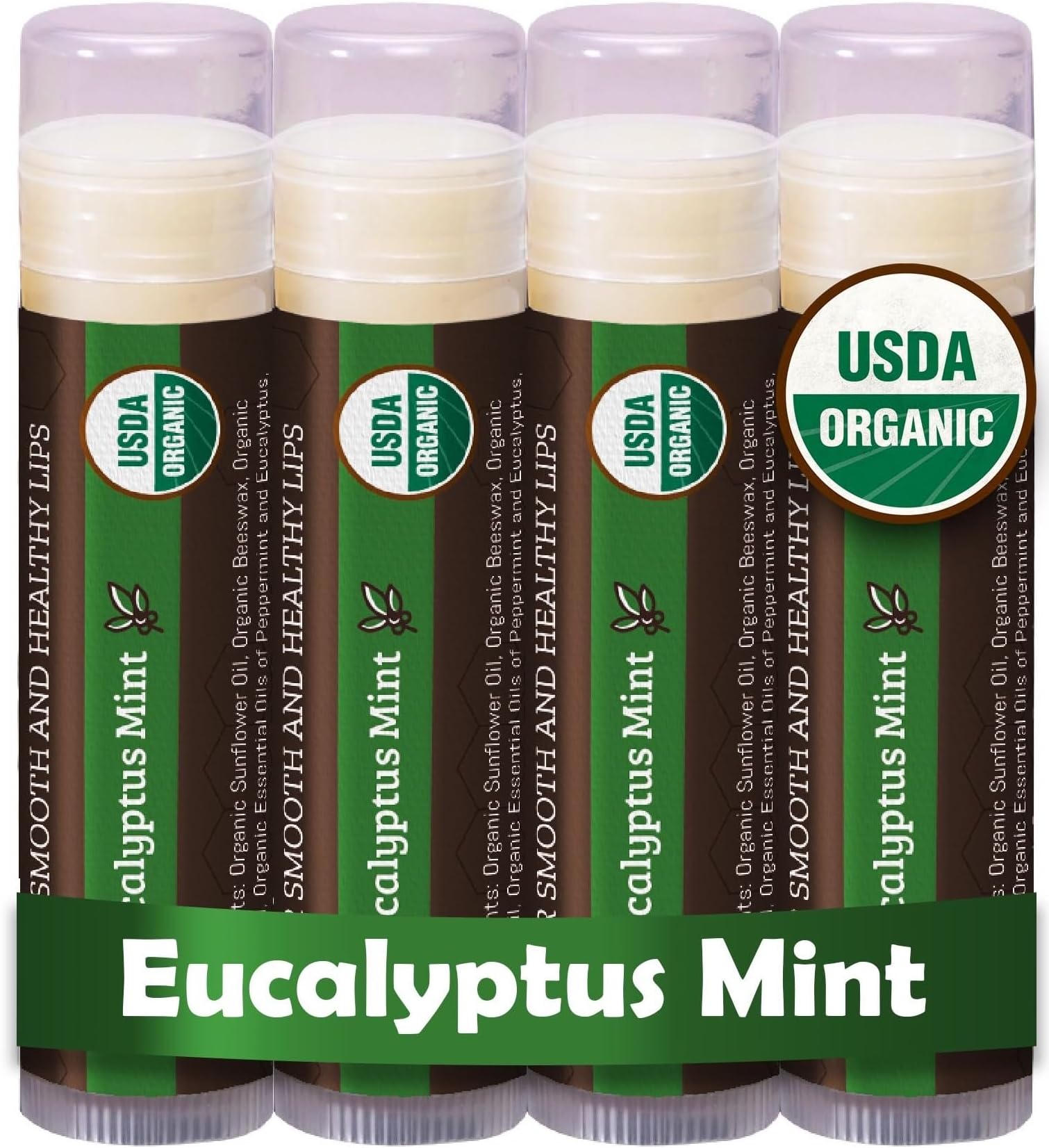 Earth's Daughter USDA Organic Lip Balm 4-Pack Eucalyptus Mint Flavor - Beeswax, Coconut Oil, Vitamin E - Best Lip Repair Chapstick for Dry Cracked Lips.