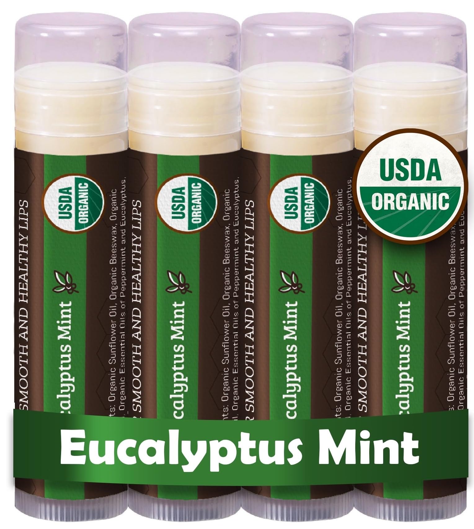 USDA Organic Lip Balm 4-Pack Eucalyptus Mint Flavor - Beeswax, Coconut Oil, Vitamin E - Best Lip Repair Chapstick for Dry Cracked Lips.