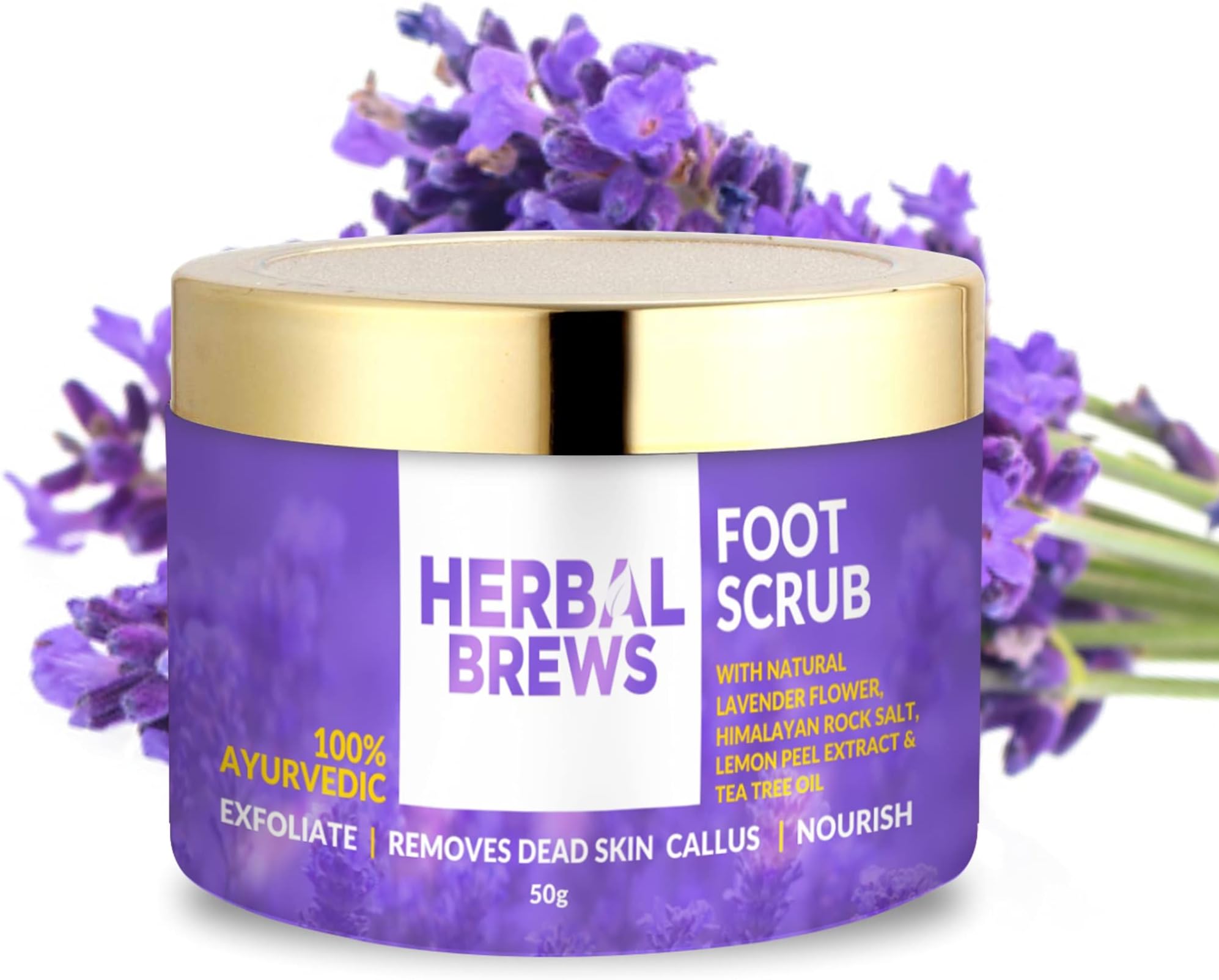 Herbal Brews - Foot Scrub with NATURAL LAVENDER FLOWER, Himalayan Salt, Lemon Peel Extract & Tea Tree Oil - AYURVEDIC FORMULA - 100% Natural, Removes Dead Skin - Moisturizing & Exfoliating Scrub - 50g (Lavender Foot Scrub)