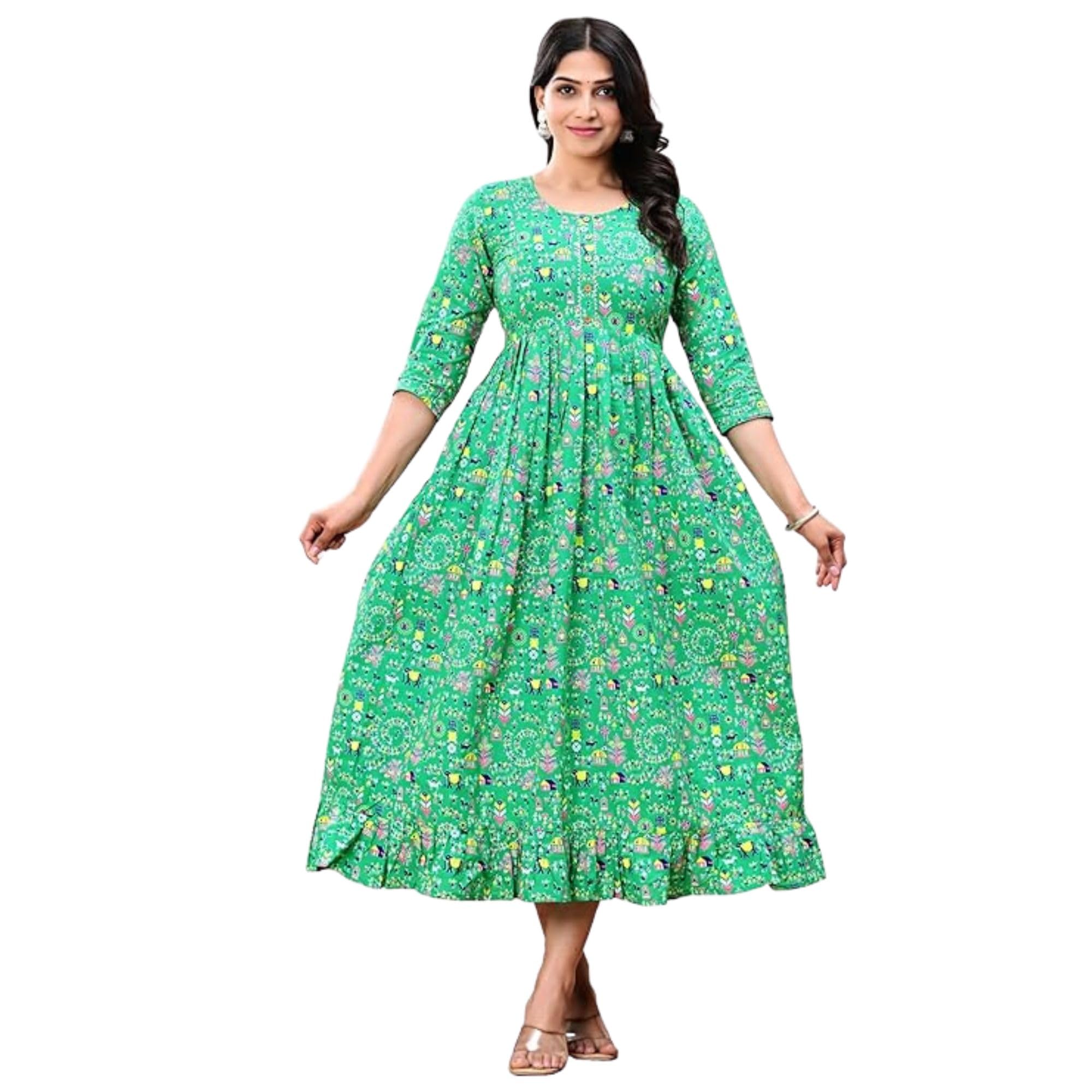 Women's Round Neck 3/4 Sleeves Printed Cotton Anarkali Maternity Kurti with Double Side Zipper