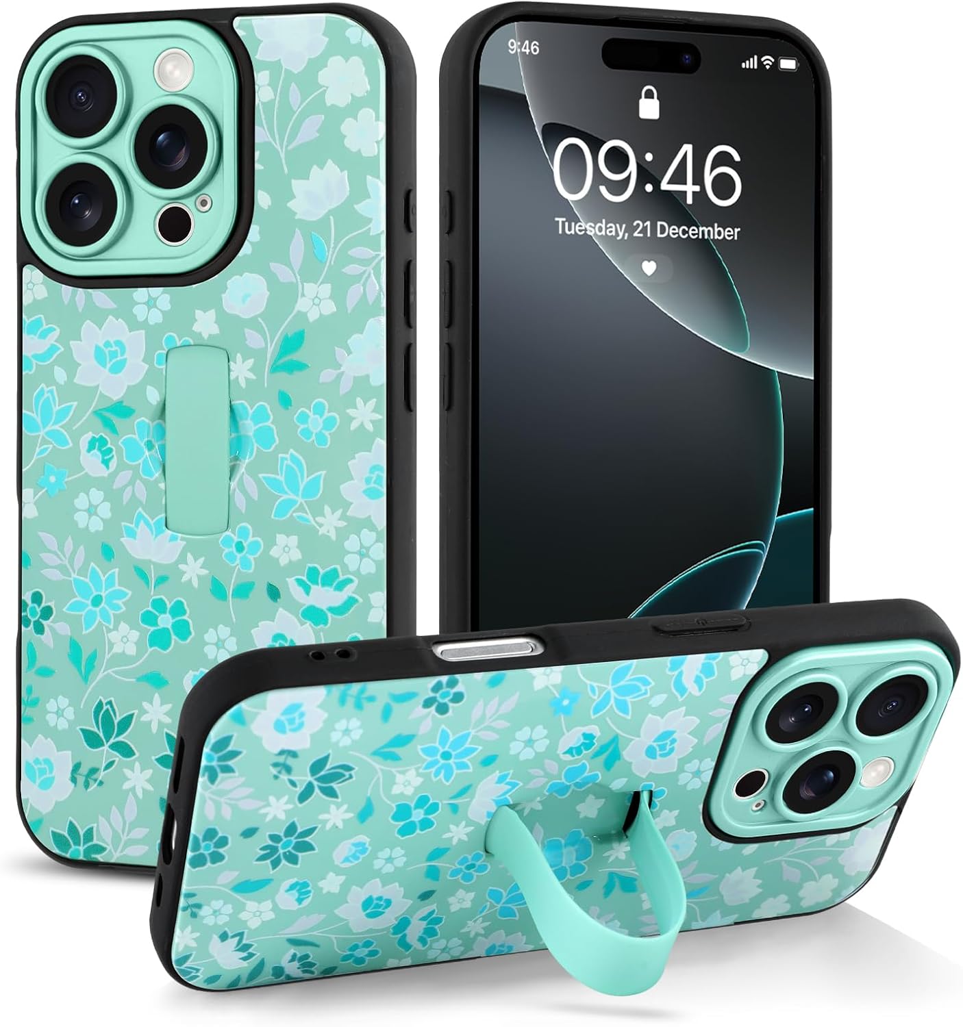 Compatible with iPhone 16 Pro Case with Finger Hand Strap Kickstand, Cute Flowers Floral Phone Case for Girls Women Men, Full Camera Protection Shockproof Protective Cover, Green Flowers