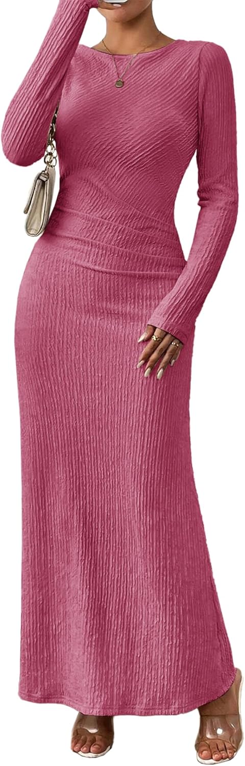 MITILLY Fall Dress for Women 2026 Long Sleeve Maxi Dress Formal Crew Neck Bodycon Ruched Cocktail Party Dresses
