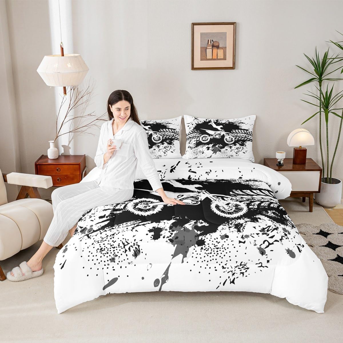 Happy Camping Comforter Set Queen Size Cartoon Camper Car Bedding Comforters Farmhouse Nature Theme Down Alternative Fashion Modern Duvet Quilt with 2 Pillowcases, Pink White